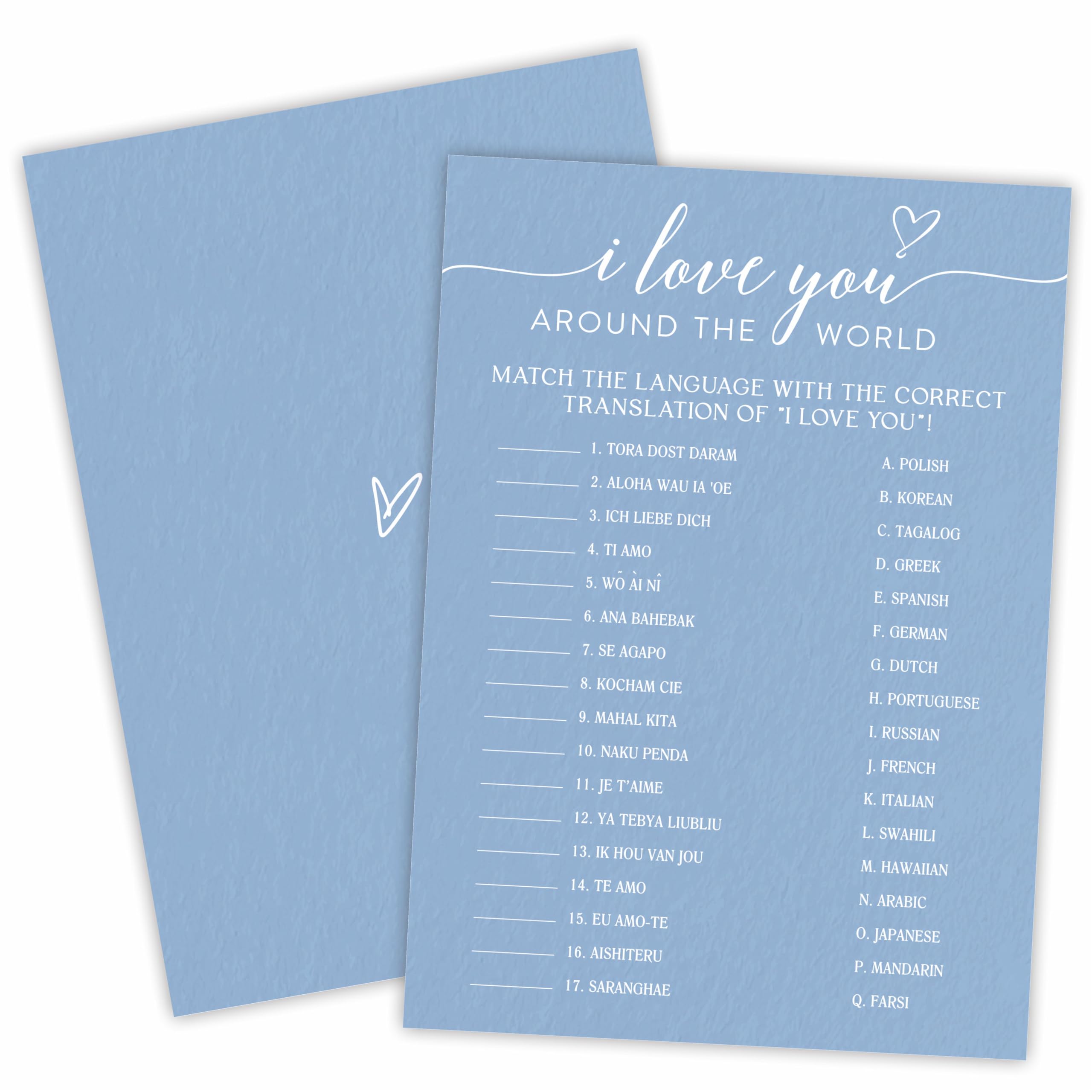 B02 Bridal Shower Game Cards - I Love You Around The World - 30 Blue Theme Wedding Party Games with Answer Card, Engagement & Bridal Shower