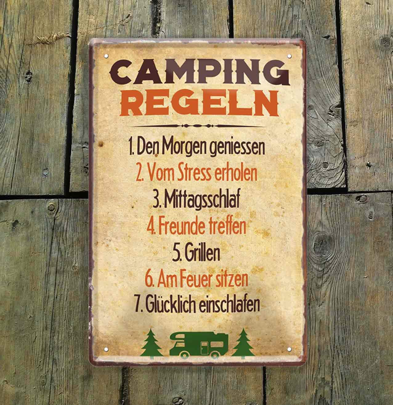 schilderkreis24 Targa in metallo con scritta divertente Camping Regeln in metallo, idea regalo retrò, camper, camper, camper, regalo di compleanno, Natale per tutti i fan del campeggio, 20 x 30 cm