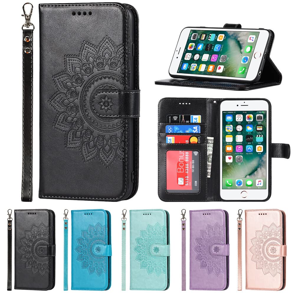 Eastwave アイフォンSE 2022 第3世代 ケース 手帳型 for iPhone SE 2020 / 8 / 7 手帳型 財布型 カバー手帳 ストラップ付き フラワープリント PUレザー カード収納 横置きスタンド 機能 内蔵マグネット—ブラック