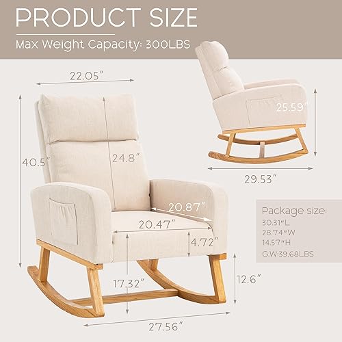 Miniatura 2 de YUUIJOAA Silla mecedora para cuarto de bebé, sillas decorativas modernas, tapizadas de lino, sillón acolchado con bolsillo lateral para sala de