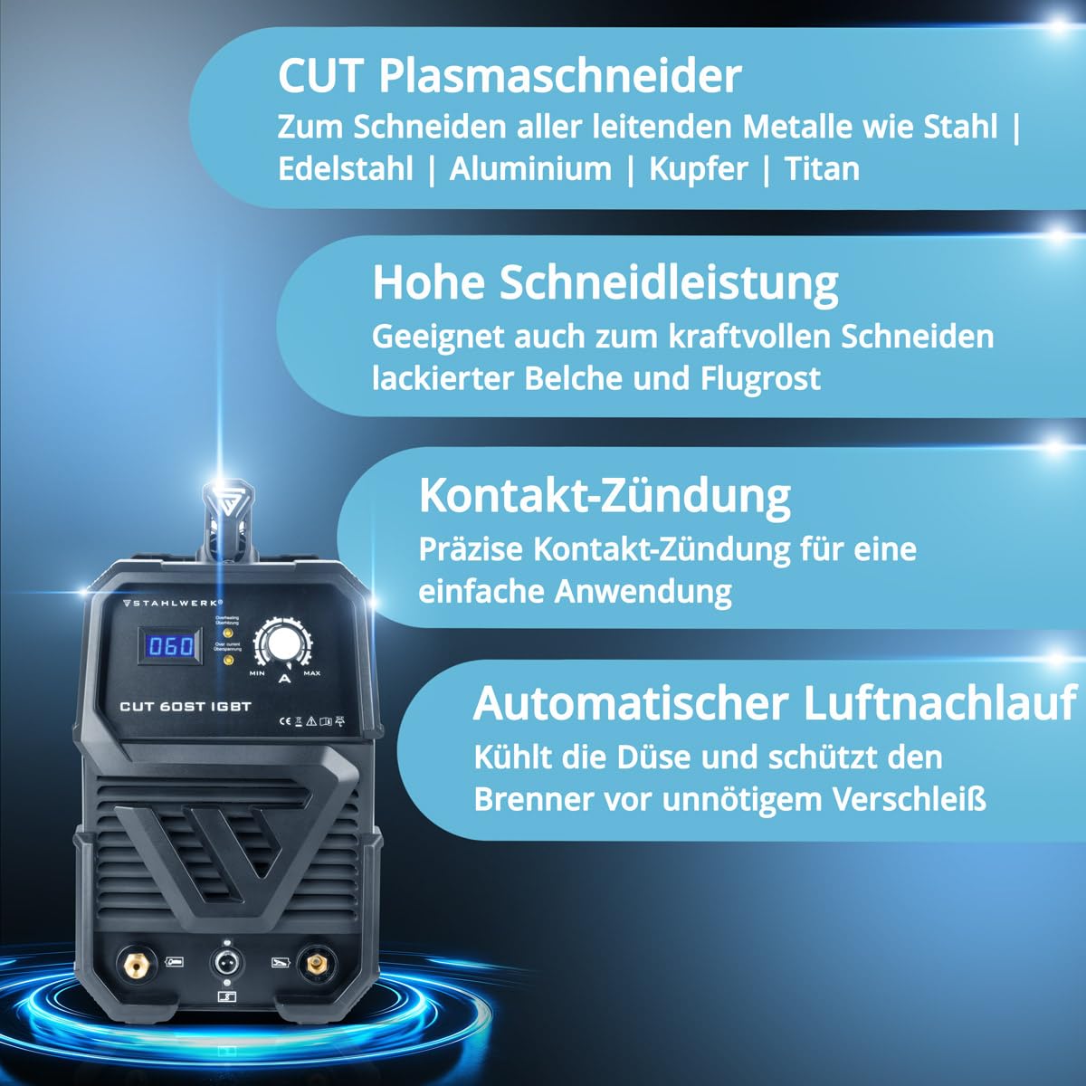 STAHLWERK Plasmaschneider CUT 60 ST IGBT 60A 24mm Schneidleistung HF-Zündung Überhitzungsschutz