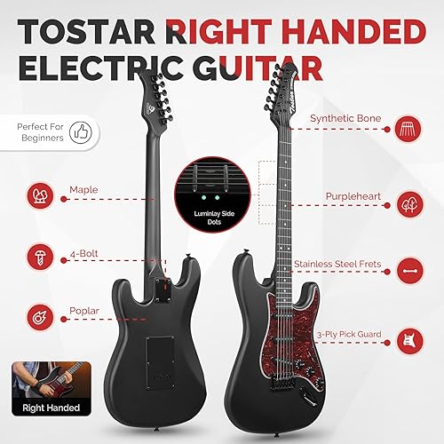 Miniatura 2 de Tostar Kit de guitarra eléctrica para principiantes de 39 pulgadas, 6 cuerdas con amplificador SSS Pickup con bolsa de concierto, cejilla, trémolo,