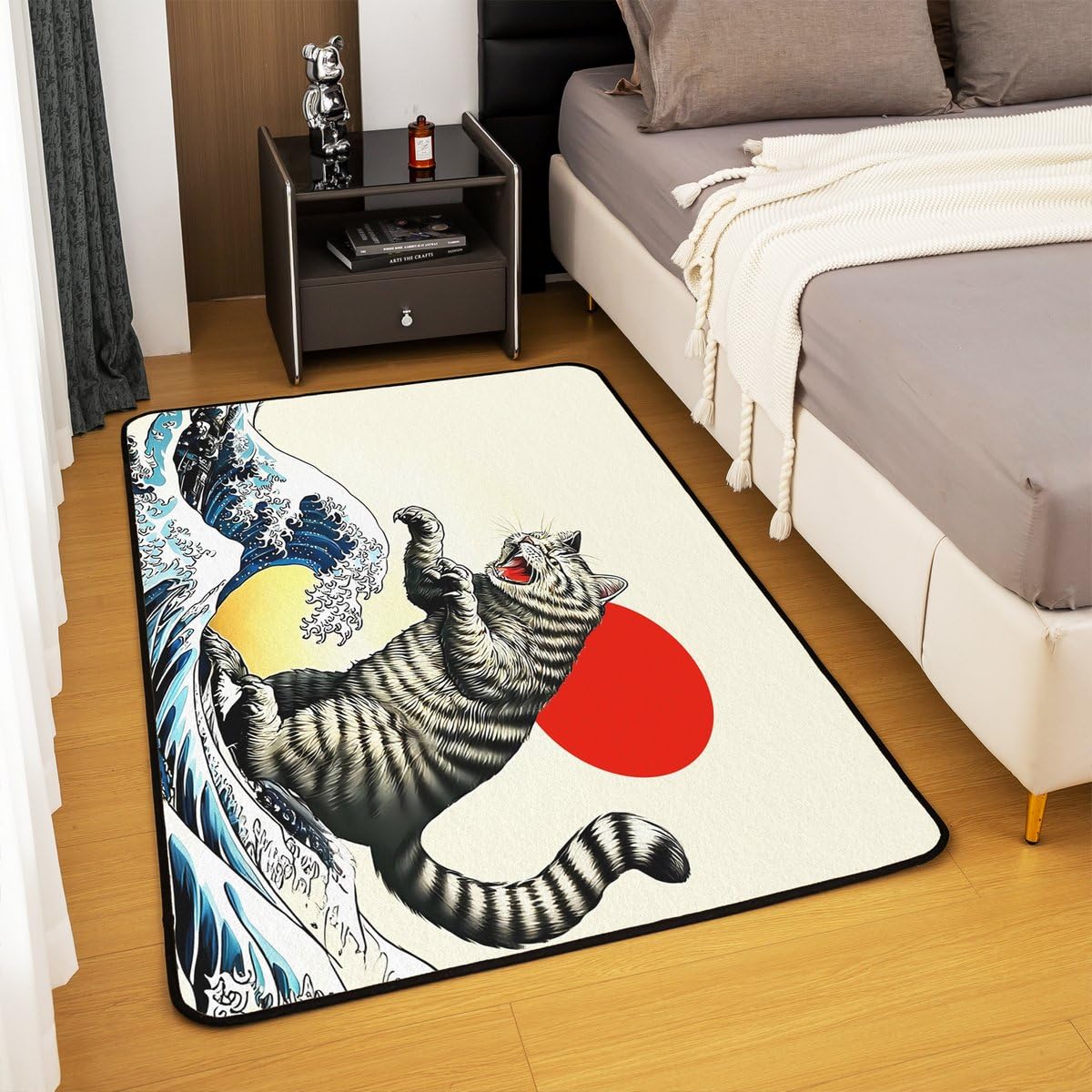 Homewish Tapis Salon 150x200cm Chat Japonais Drôle,Tapis Sol Japonais Ukiyo-E Chat,Tapis Chambre Animaux Kawaii,Décoration D'Intérieur Filles Garçons Adultes Coucher de Soleil Océan Vagues de Mer