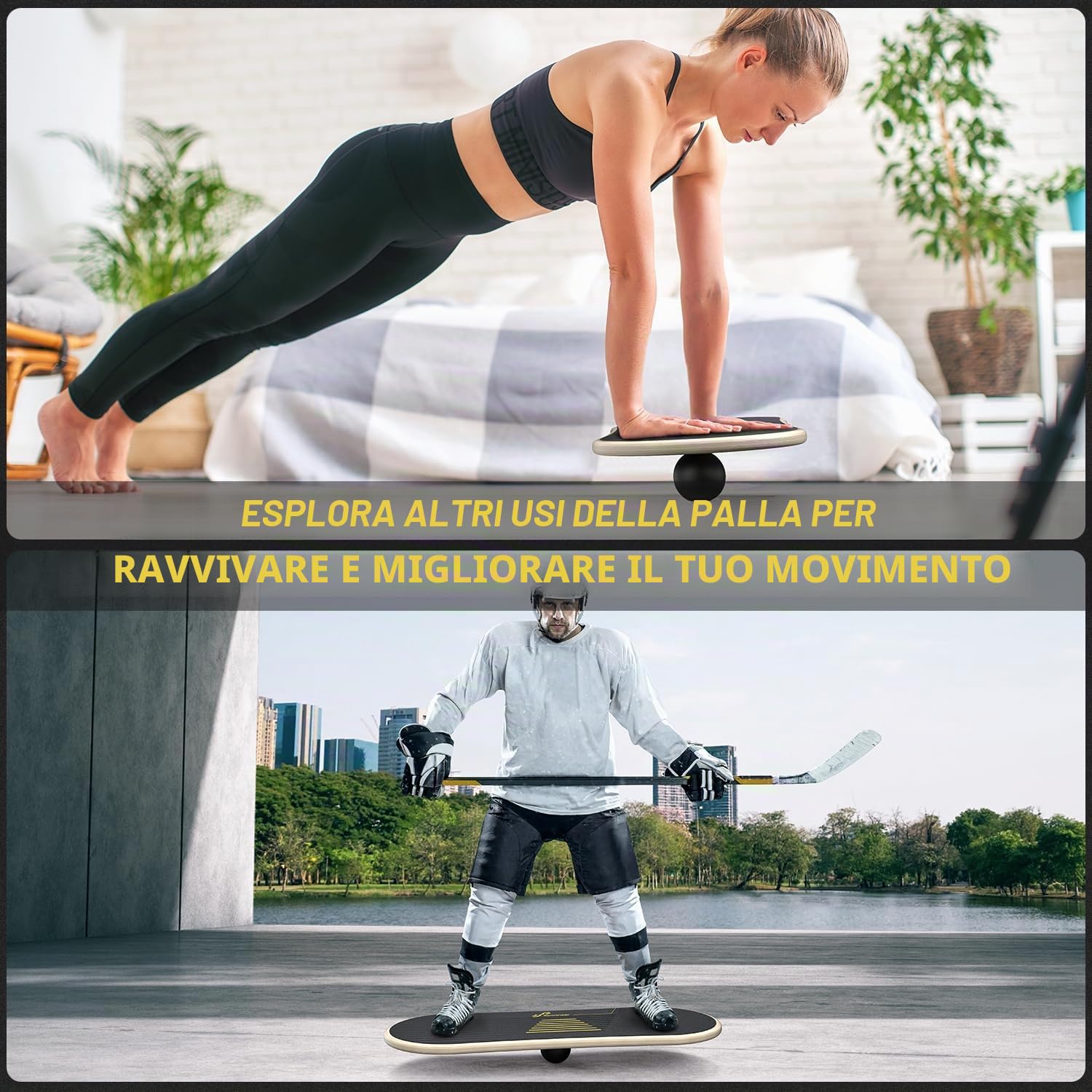 Sportneer Balance Board, 7 modalità, tavola oscillante per interni, skateboard, surf, Balance Board con stopper regolabili, Balance Board in legno, scooter e palla da 7,1 cm inclusi