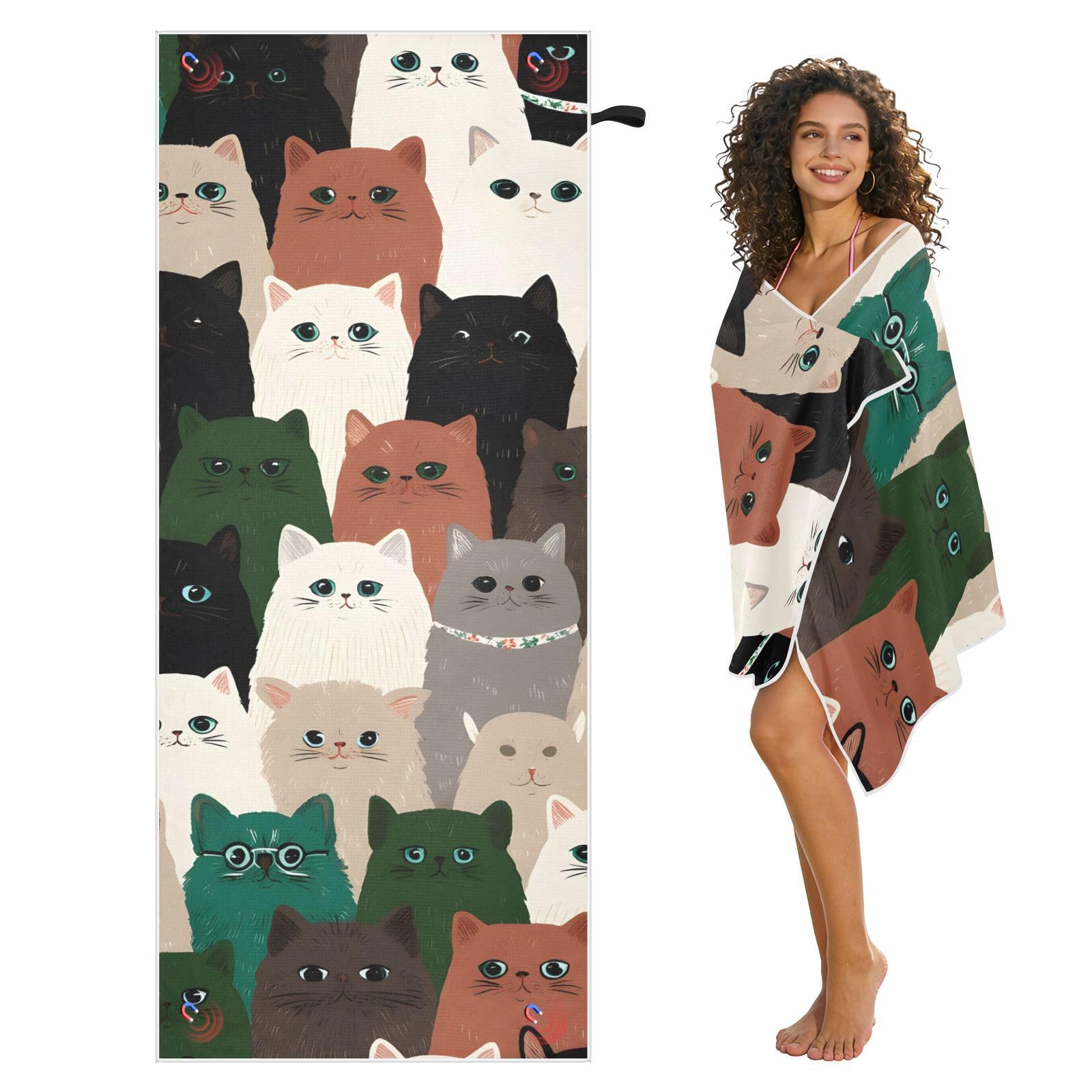 Grandes serviettes de plage avec sacs en maille pour adultes, serviette de bain à motif de chat mignon avec fermeture magnétique, anti-sable, serviette à séchage rapide pour piscine, camping et