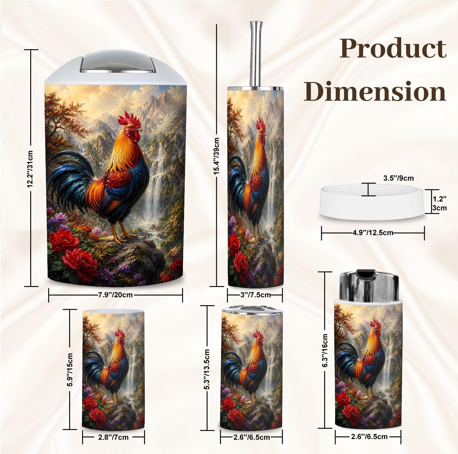 Bathroom Accessory Set 6PCS Vivid Rooster Mountainous Landscape Waterfalls Colorful Flowers Trash Can, Soap Dispenser, Toothbrush Holder, Toothbrush Cup, Toilet Brush Holder, Soap Dish for Gift image 5