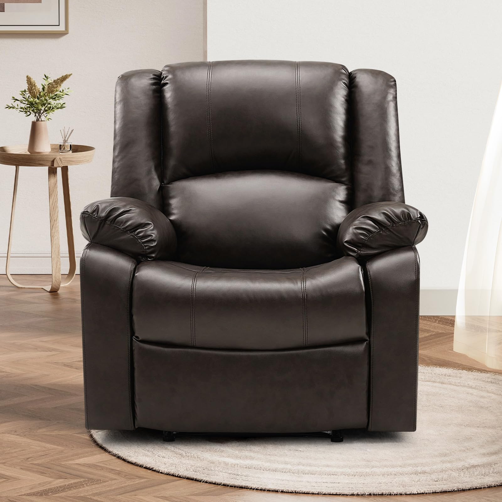 COOSLEEP Leather Recliner Chair with Overstuffed Arm and Back,Soft Living Room Chair Home Theater Lounge Seat,Manual Reclining Chairs for Adults(Brown)