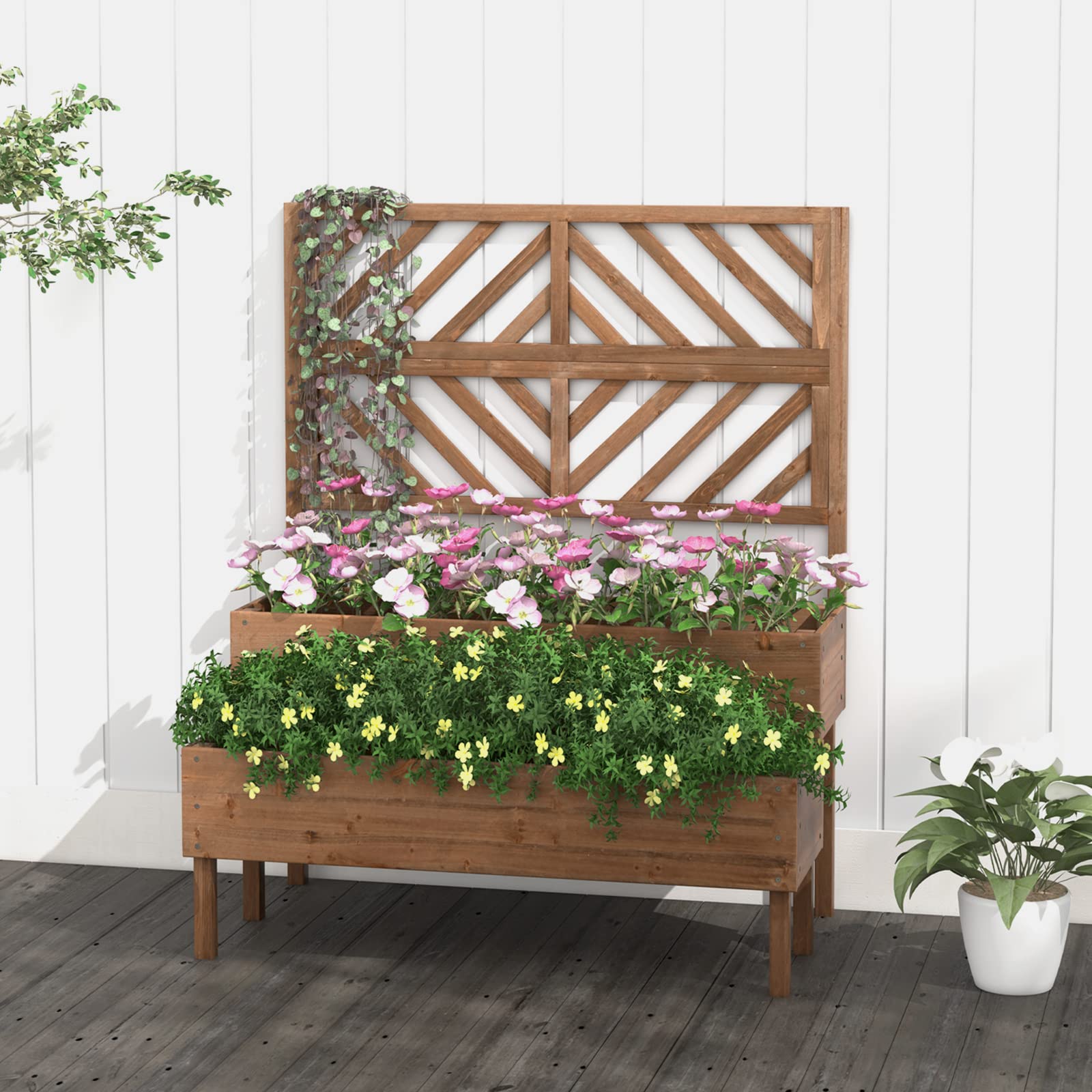 COSTWAY Jardinière 2 Niveaux avec Treillis en Bois de Sapin avec Trou de Drainage, Bac à Fleurs pour Plante Grimpante, Lit de Jardin Résistance aux Intempéries 109 x 62 x 135 cm (Marron)