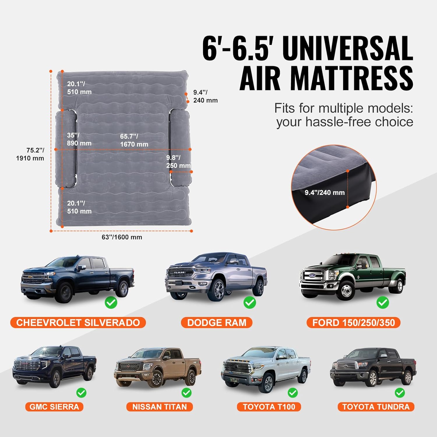VEVOR Air Mattress for 6-6.5ft Full Size Truck Bed, Inflatable Truck Bed Air Mattress with Pump, Pillows & Carry Bag, Tent Camping Sleeping Pad Compatible with Silverado, Dodge Ram, Ford 150/250/350