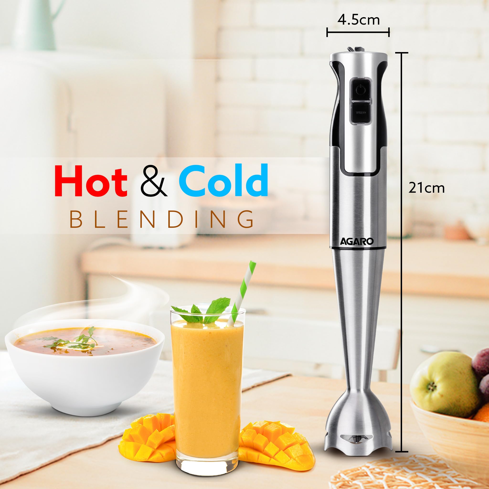 AGARO Regency Hand Blender, 600W, Variable Speed Modes & Speed Regulator, Stainless Steel Body & Blades, For Mixing, Blending. 4