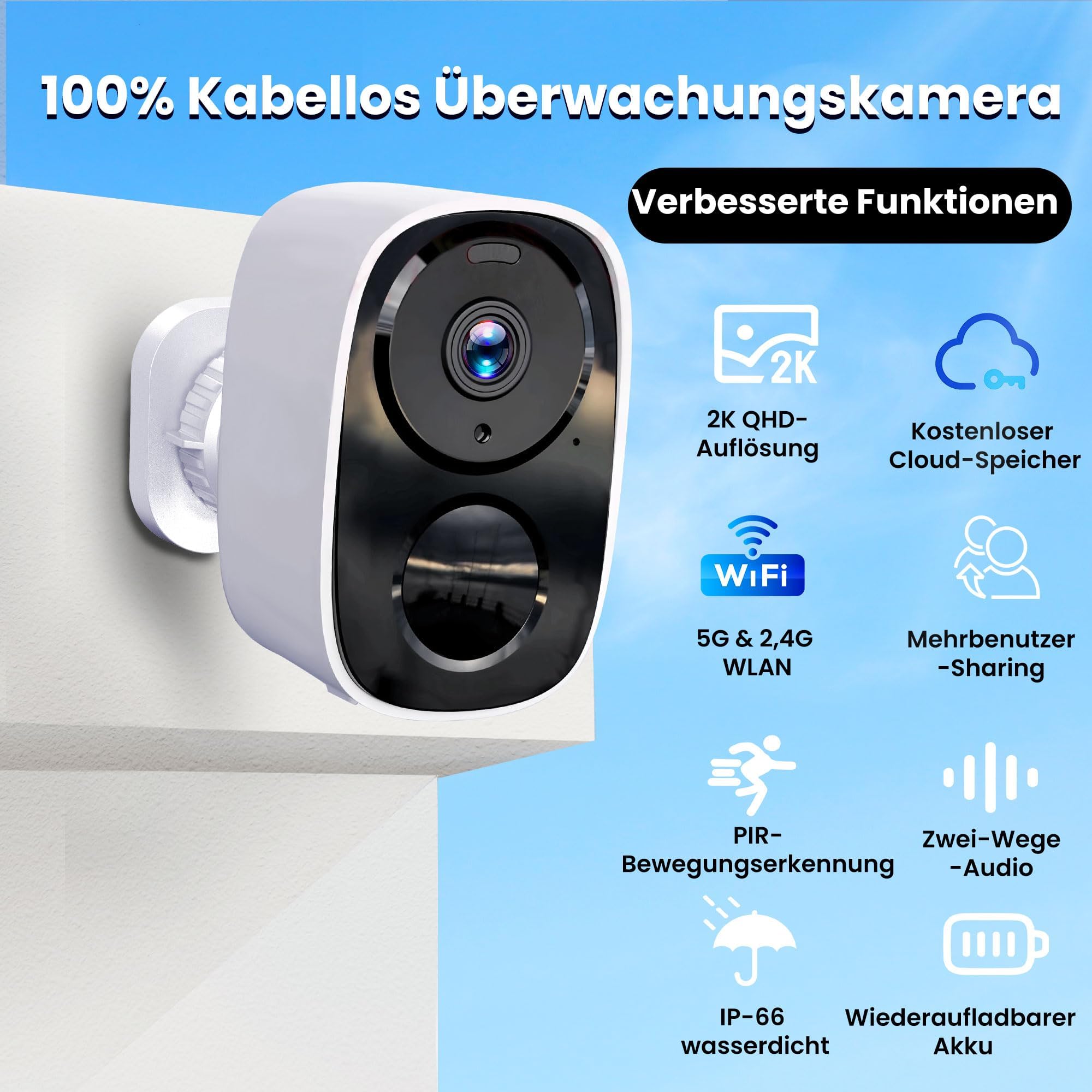 2K/3MP Überwachungskamera Aussen Akku, Kostenloser Cloud-Speicher, 5GHz/2,4GHz WLAN Kabellose Überwachungskamera außen/innen, 2-Wege Audio, Bewegungserkennung, Farbige Nachtsicht, IP66 Wasserdicht