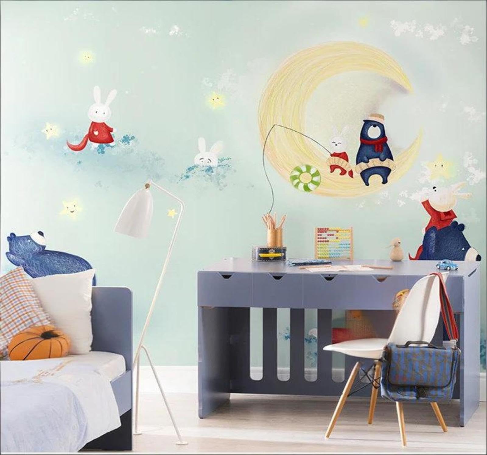 Tzxztt Cartoon Fresh Moon Bear Rabbit Modern 3D Wallpaper Premium Textured Silk Neutral Tones Material Ideal for Living Room Bedroom-400cm×280cm