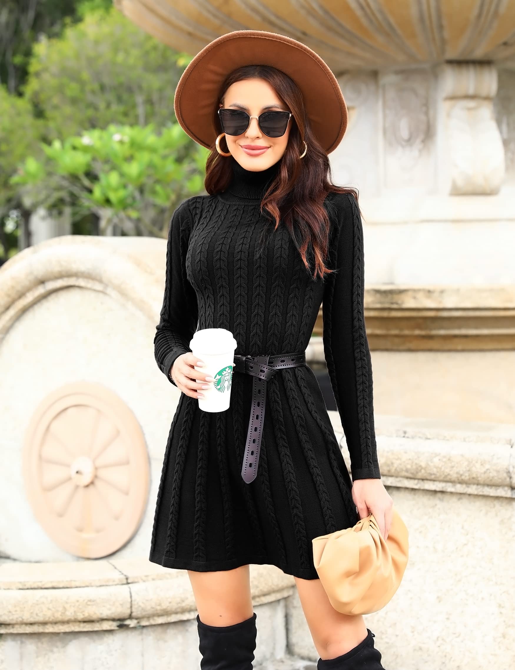 Gyabnw Vestito Casual Donna Invernale in Maglione Abito Vita Alta Elegante in Girocollo di Orlo Svasato Abito Linea A in Maglia al Ginocchio Caldo di Moda Treccia Ritorta