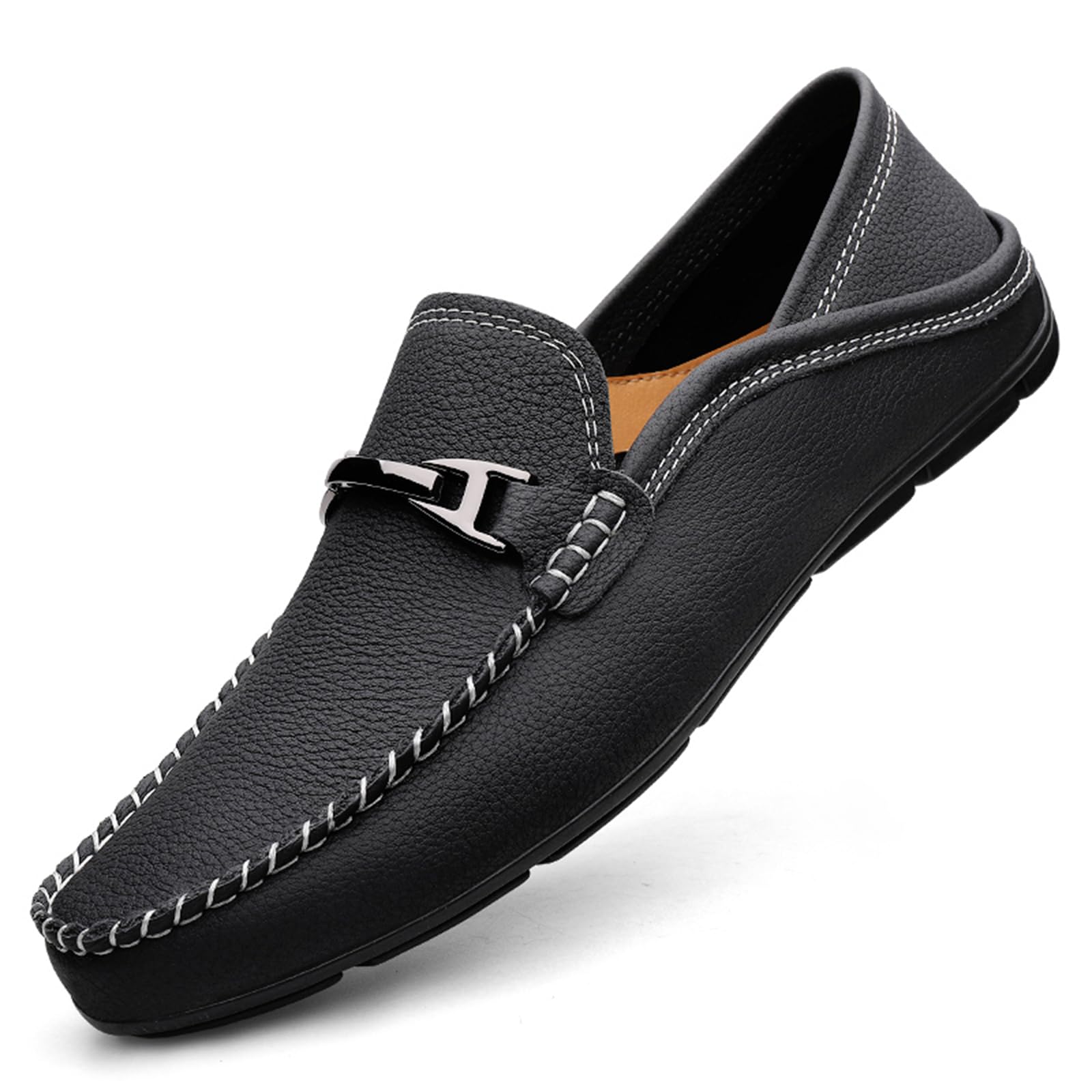 Mocasines casuales de piel auténtica para hombre, mocasines de vestir para uso diario, Black, 45 1/3 EU