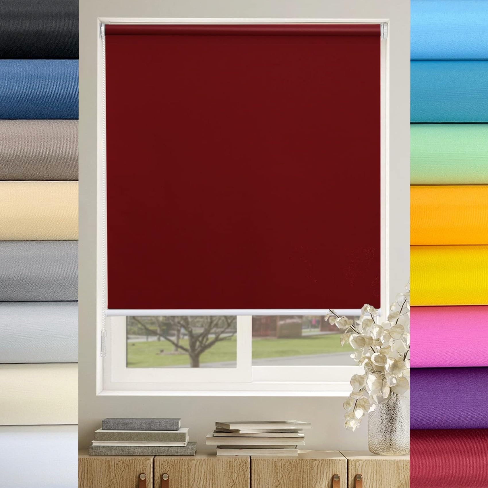 Thermal Blackout Roller Blind 60 x 70 cm 100% Blackout Waterproof Fabric Daylight Trimmable Roller Blind Fittings Included For Inside and Outside Recess Fitting, Red — image 1