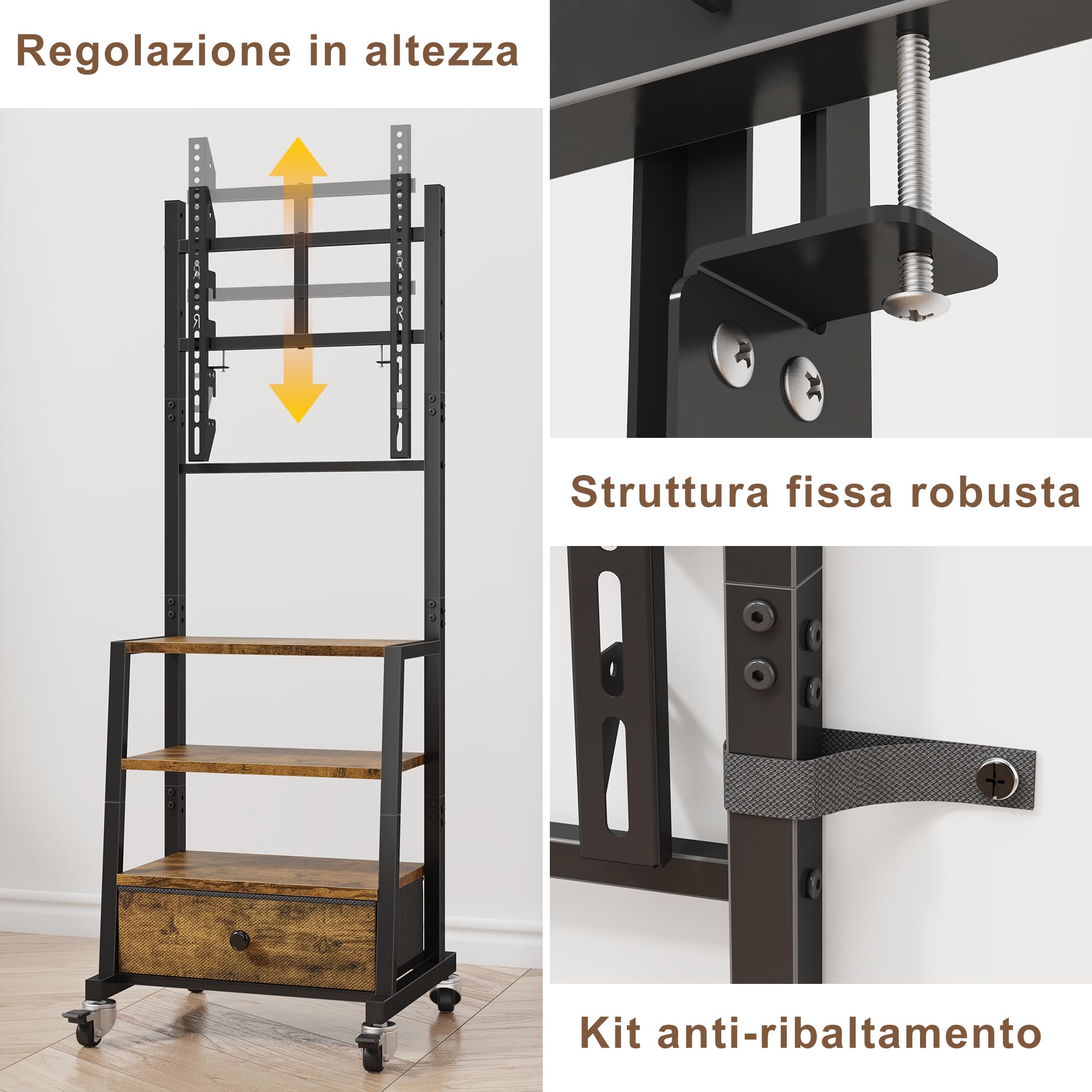 OYRREU Carrello TV con ruote e cassetto in tessuto per TV da 32–55 pollici – Supporto mobile regolabile in altezza per camera da letto, soggiorno o palestra, Marrone Vintage, MAX VESA 400 X 400 MM