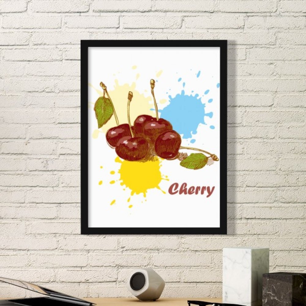 Peinture art aquarelle cerise dans son cadre photo noir pour cuisine et salon