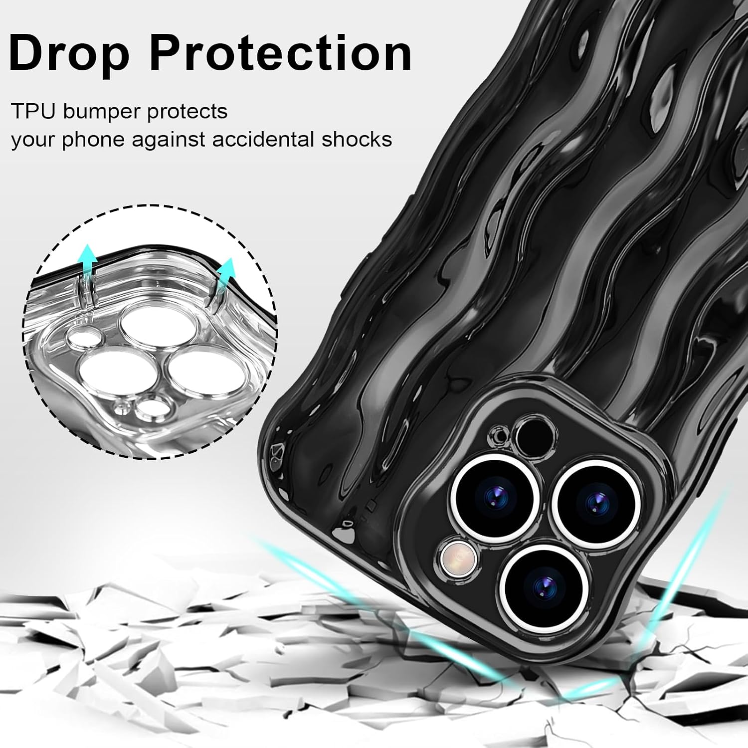 LOEV Compatible with iPhone 14 Pro Max 6.7" Case, Cute Glossy Water Ripple Pattern Phone Case, Curly Wave Frame Design for Women Girls, Soft TPU Slim Fit Shockproof Full-Body Protection Cover, Black image 4