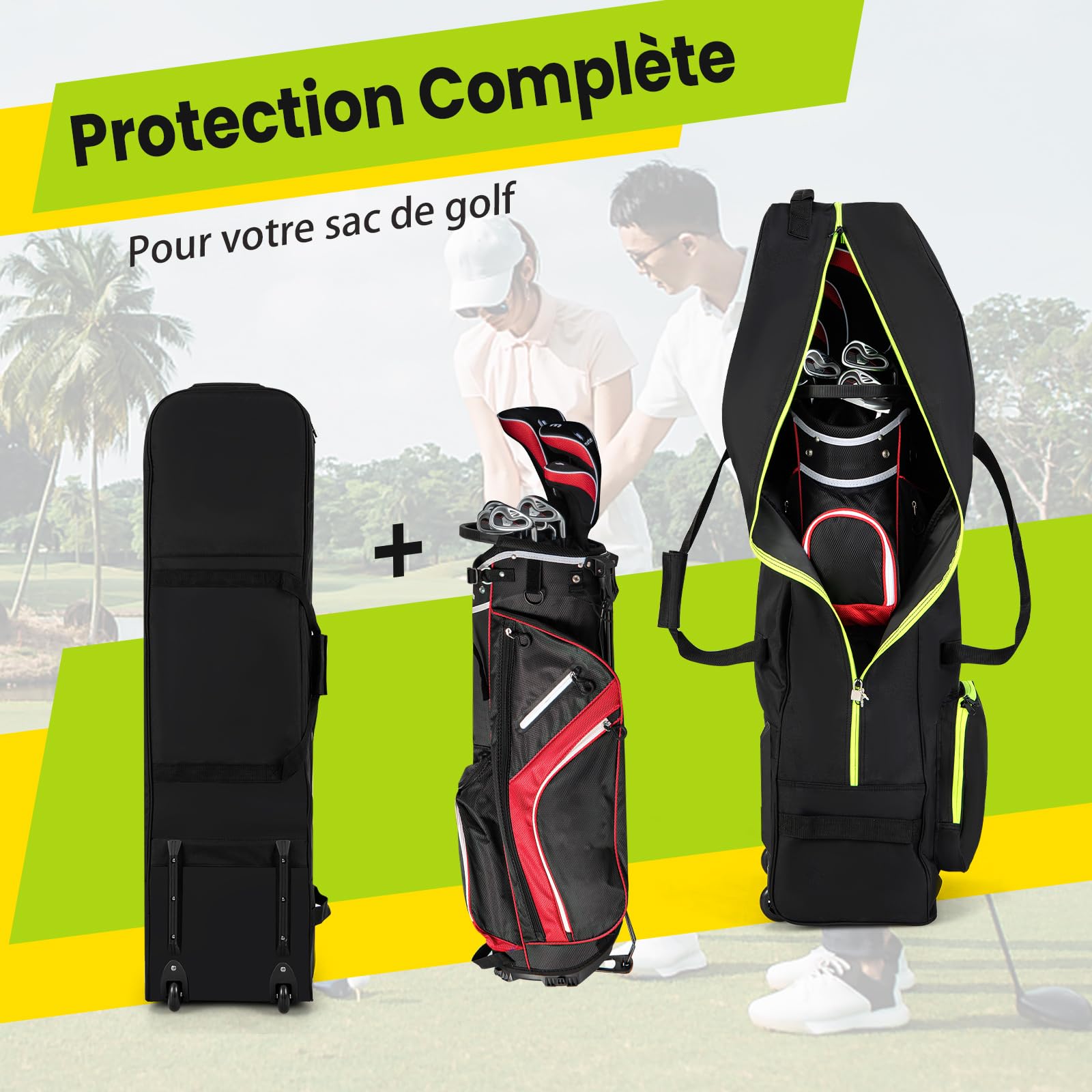 COSTWAY Sac de Golf à Côtés Souples à roulettes, Sac de Voyage en Oxford Porte-Carte de Visite Fermeture Eclair à Double Sens Verrouillage, Housses de Club de Golf Pliable