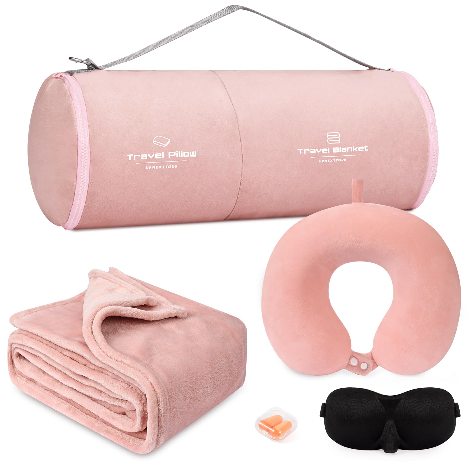 urnexttoururnexttour Travel Pillow and Blanket Set- Premium Soft Airplane Blanket with Durable Travel Bag, Hand Luggage Belt Compact Pack Large Blanket for Travel (Pink)