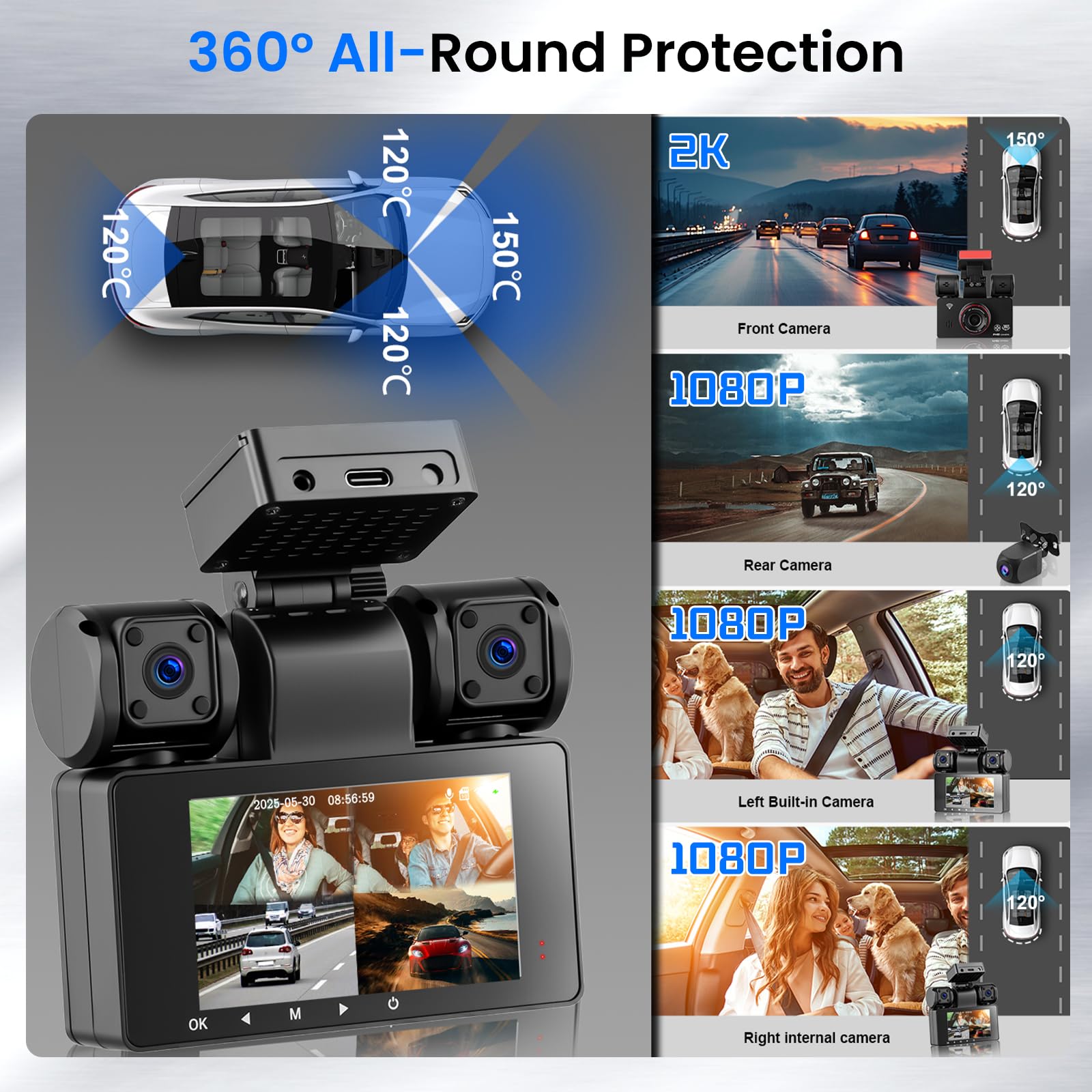 Hodozzy 2K Dashcam Voiture 360° avec 5GHz WiFi, 4 Caméras Avant Arrière Intérieur Gauche, Nachtsicht Ohne Licht, Écran Tactile IPS 3", Enregistrement en Boucle, Capteur G,Aide à la Marche arrière