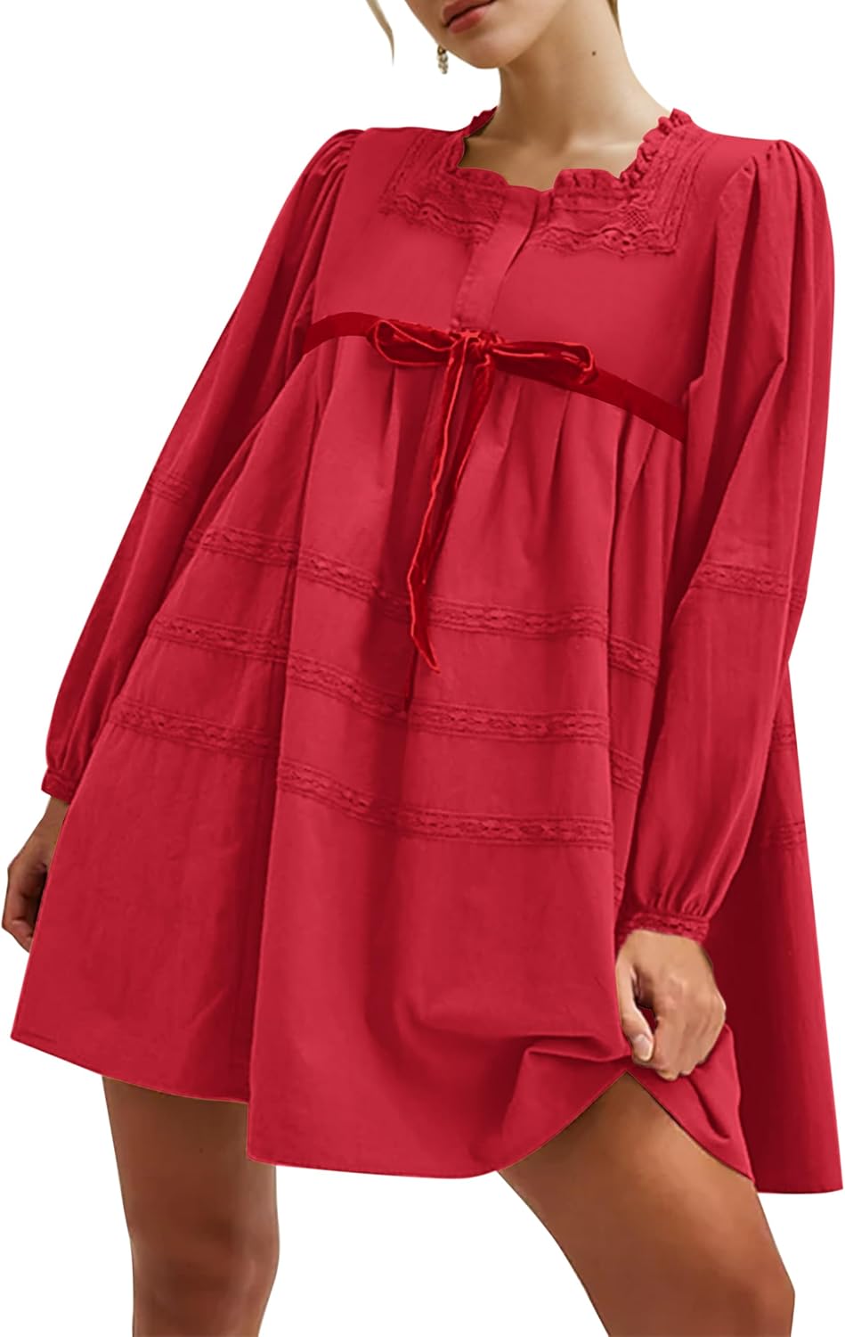 Women Flowy Long Puff Sleeve Mini Dress Casual Square Neck Lace Embroidered Babydoll Dress Bow Tie A-line Tunic Dress