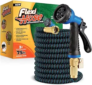 Flexi Hose with 8 Function Nozzle, 75FT - Lightweight Expandable Garden Hose, No-Kink Flexibility, 3/4 Inch Solid Brass Fittings and Double Latex Core