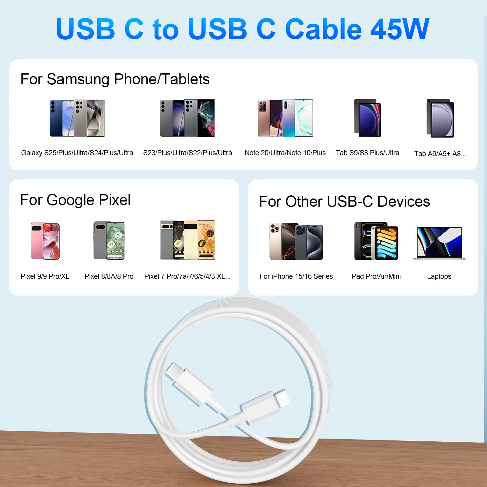 2Pack 6ft for Google Pixel Charger Cable USB C to C Fast Charging Cable PD 45W for Pixel 10 9 Pro XL 9a Fold 8a 8 Pro 7a,Type C Charger Cord for iPhone 16 15 Pro Samsung Galaxy S25 S24 Ultra A16,White