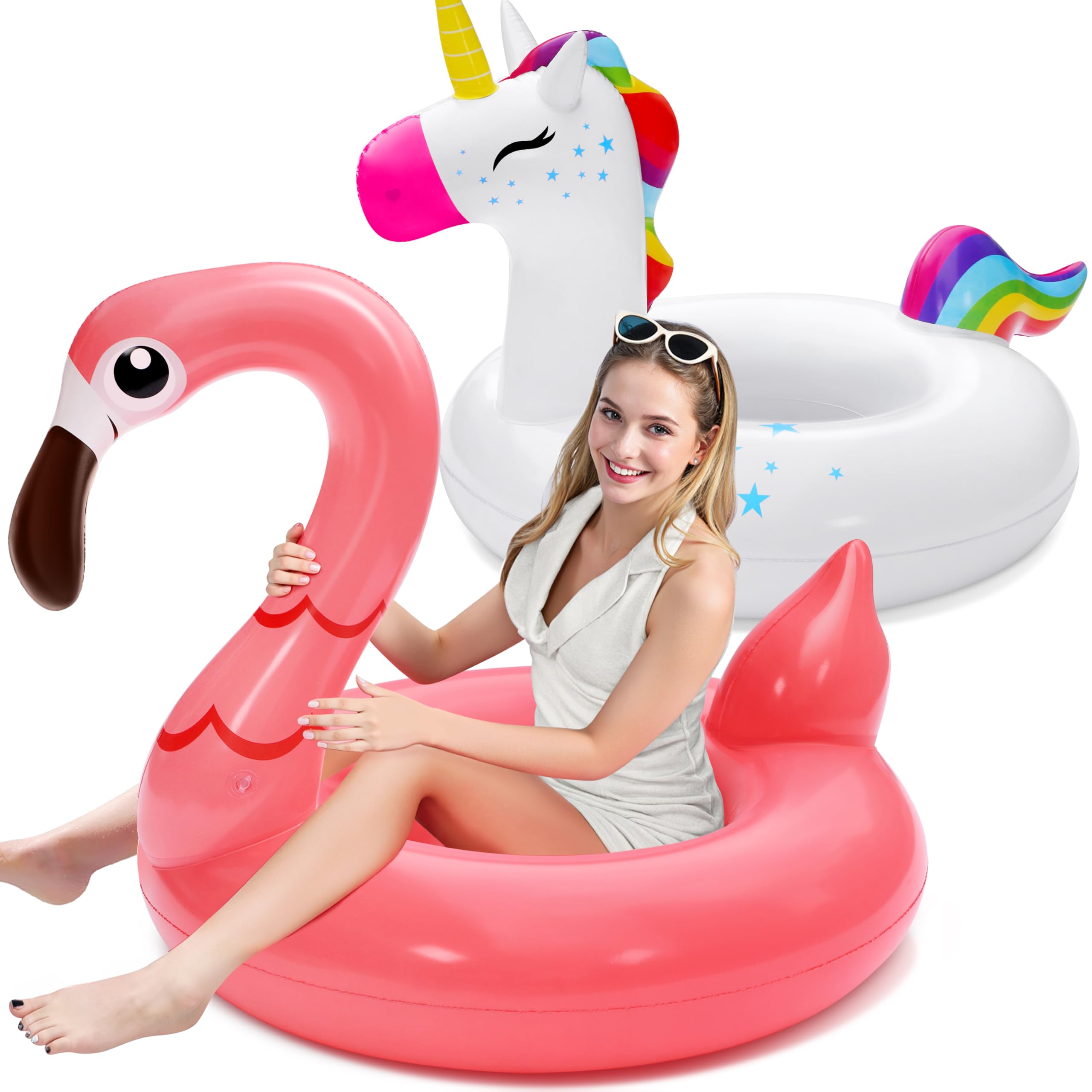 SLOOSH 2-Pack Unicorn Flamingo Pool Floats - Inflatable Pool Floaties Swimming Party Decorations, Fun Float Swim Rings Floating Tubes Beach Lake Summer Vacation Floaty with Headrest for Adults Kids