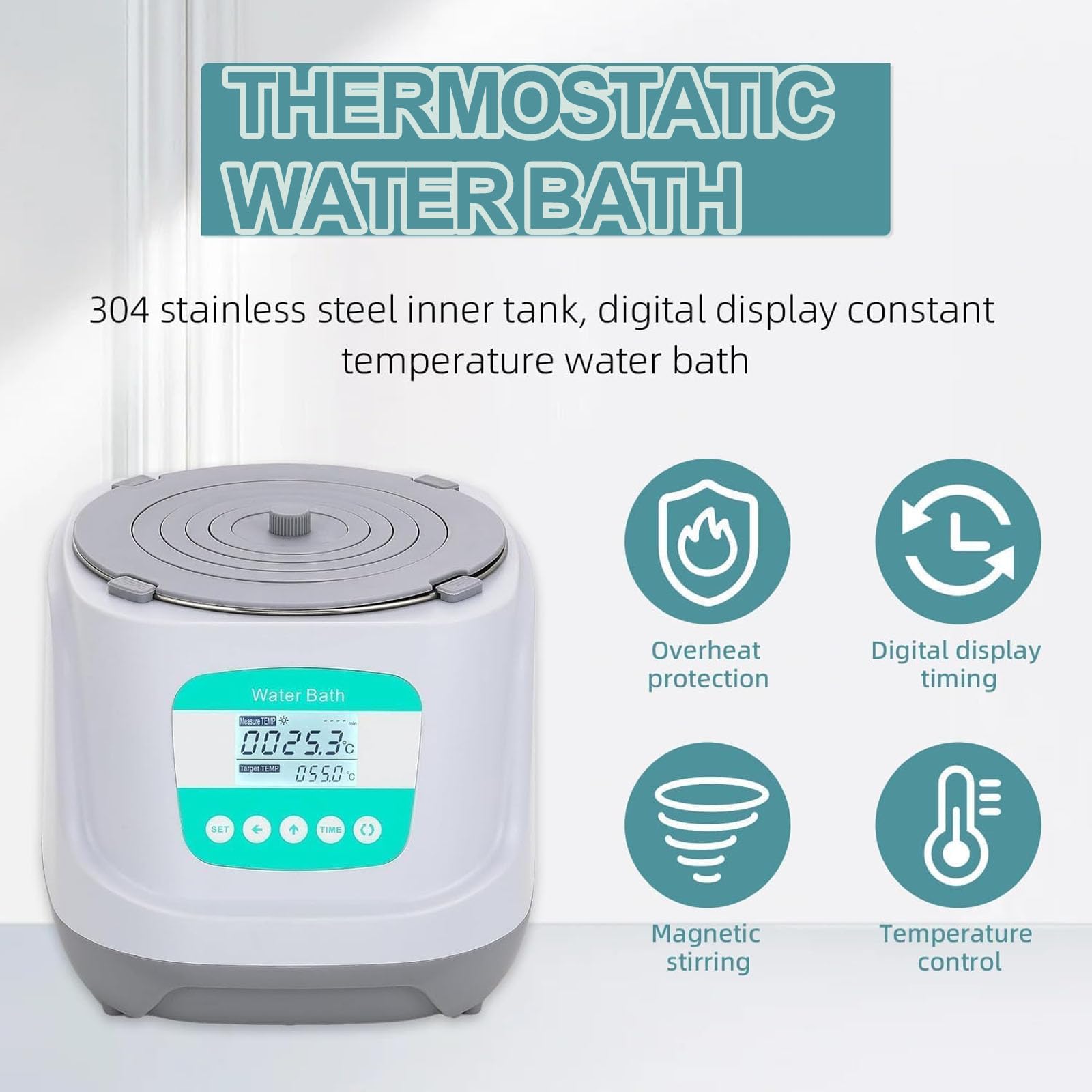 Baño de agua digital agitador magnético, baño termostático de agua de laboratorio, acero inoxidable de 2,4 L, pantalla LCD, protección contra quemaduras secas para laboratorio e investigación