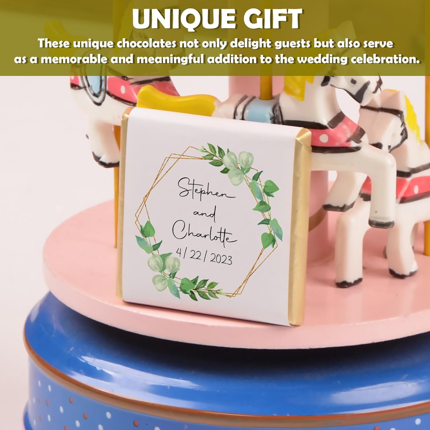 Set mit 50 personalisierten Hochzeitsschokoladen, individuelle Schokoladen-Hochzeitsgeschenke für Gäste, personalisierbares Hochzeitsgeschenk, einzigartiges Design für Hochzeit, Brautjungferngeschenke