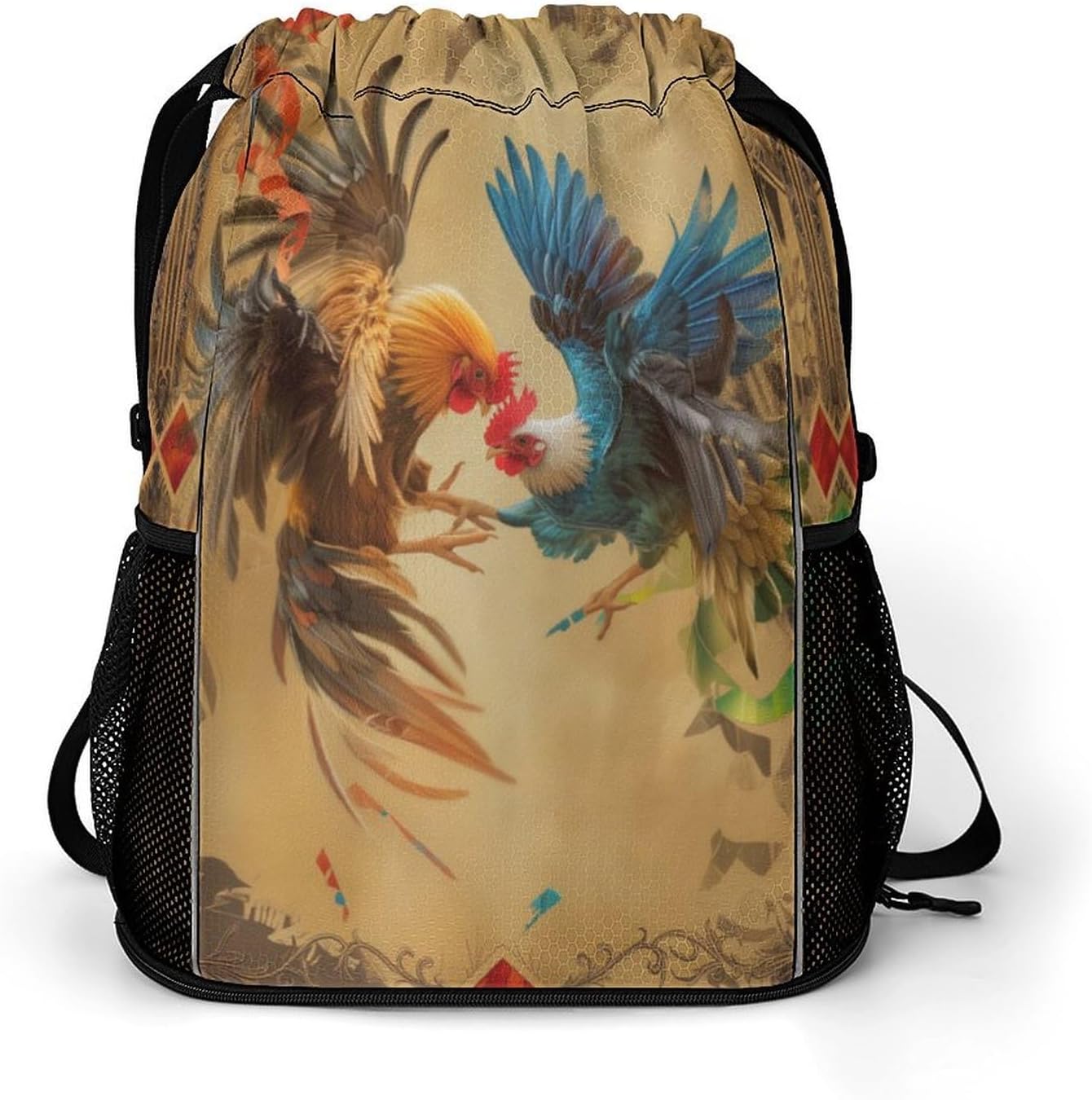 Vintage Rooster Fighting Drawstring Backpack Drawstring Bags Drawstring Sport Bag Sports Gym Bag with Pockets for Women Men