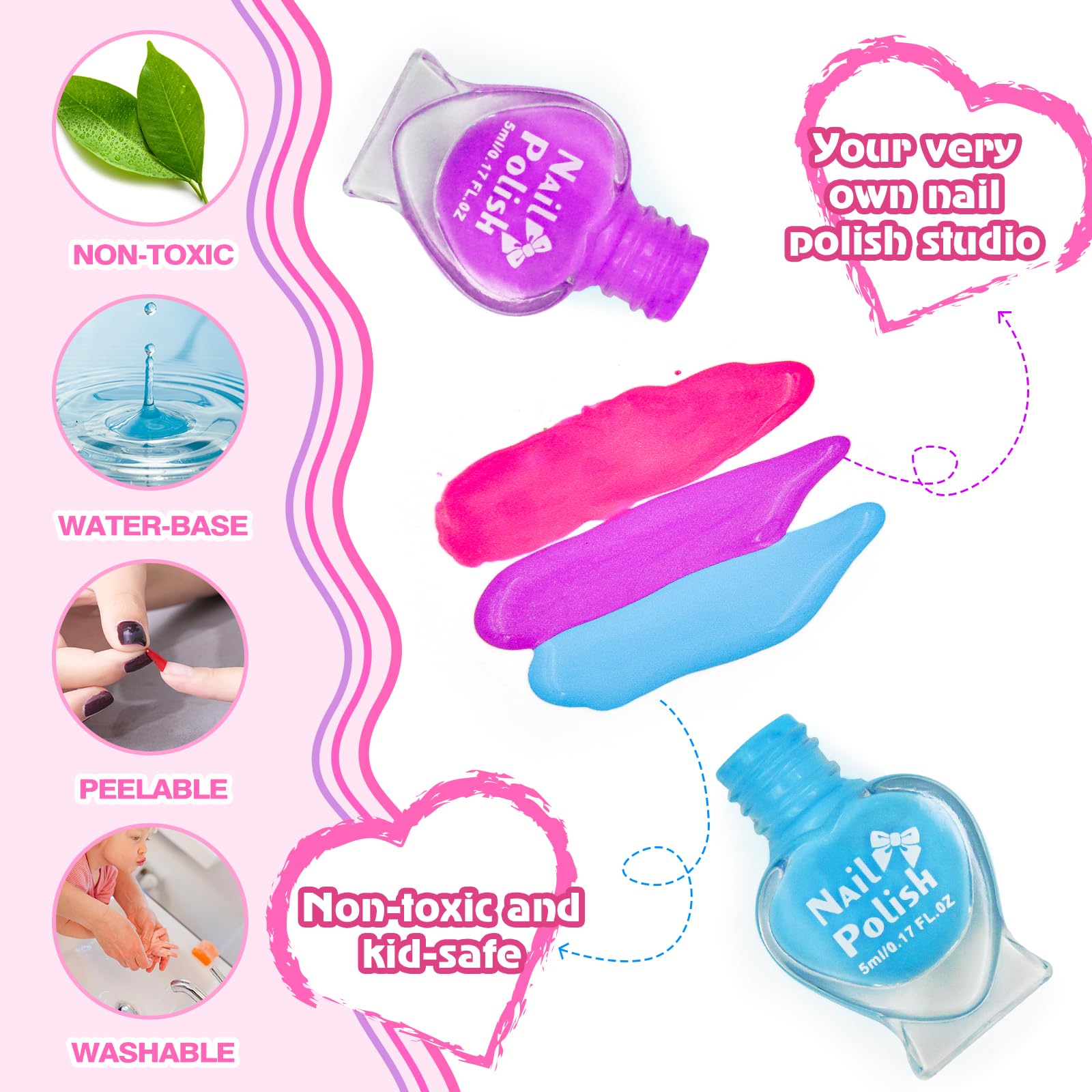 Juego de esmaltes de uñas para niñas, kit de arte de uñas para niños de 7 a 12 años, salón de uñas todo en uno con secador de uñas y uñas postizas a presión, decoración de bricolaje, esmalte 5
