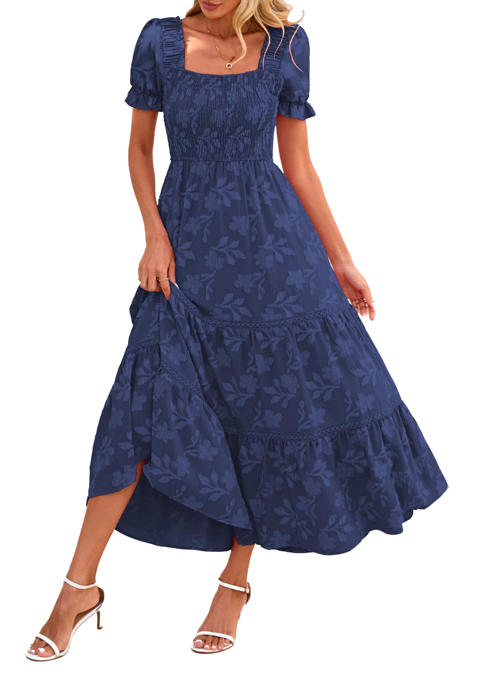 Lazysmile Women's Summer Boho Floral Maxi Dress Short Sleeve Square Neck Smocked Ruffle Elegant Wedding Guest Dress
