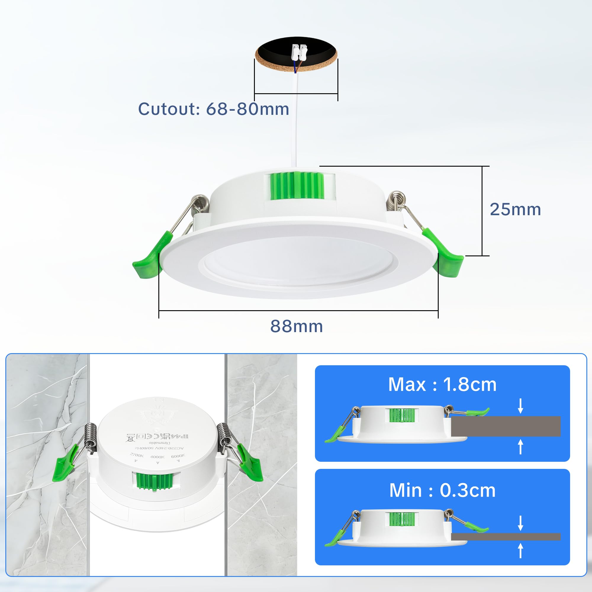 LED Einbaustrahler 230V Dimmbar 6er Set, 5W Ultra Flach Spots Deckenleuchte, LED Spot 230V 3CCT mit IP44 Wasserdicht für Badezimmer Küche Wohnzimmer, Ø68-75mm Lochmaß, Weiß