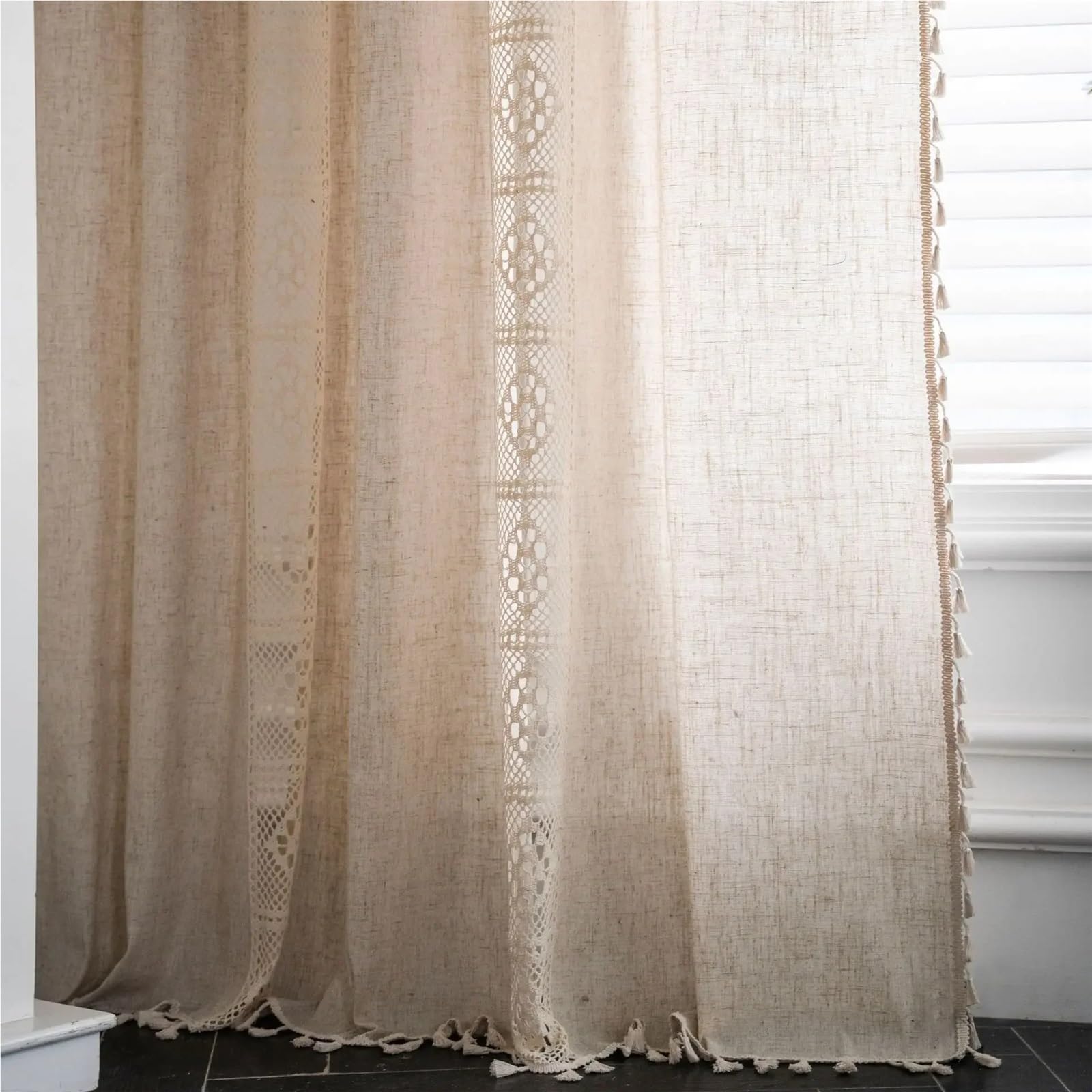 Leinenmischung Jute Spitzenvorhänge Quaste for Küche Schlafzimmer Wohnzimmer Fenster Schrank Vorhang(A,Rod Pocket_W150XH140CM)