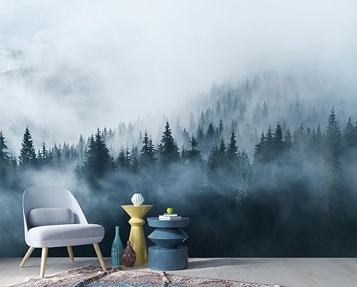 Miniatura 2 de Papel pintado de bosque brumoso natural de pino paisaje mural para fondo de sala de estar (no despegar ni pegar)
