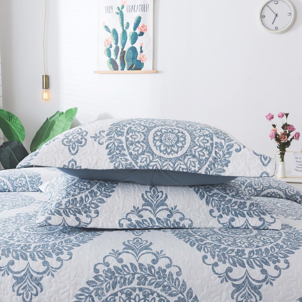 Travan 3-Piece Quilt Set Quilted Bedspread Lightweight Coverlet Set Floral Printed Oversized Quilted Bedding Set with Shams for All Season, Blue Floral, Queen Size - Image 5
