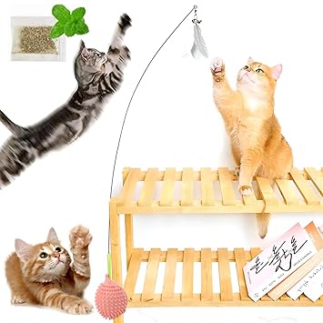 Sunkizzrs Cat Toys Interactive Feather Toy Set ( Cat Teaser Wand & Scratcher ) with Catnip - Activity Toys to Exercise Big Cats and Kittens