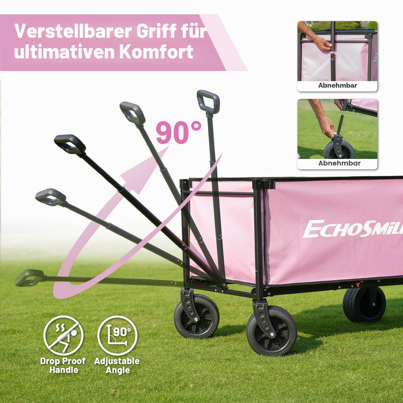 EchoSmile Bollerwagen Faltbar 200L 180KG Belastbar, Handwagen Transportwagen Klappbar mit Verstellbarem Griff, Breite Räder All-Terrain Strandwagen Gartenwagen Einkaufswagen, Rosa