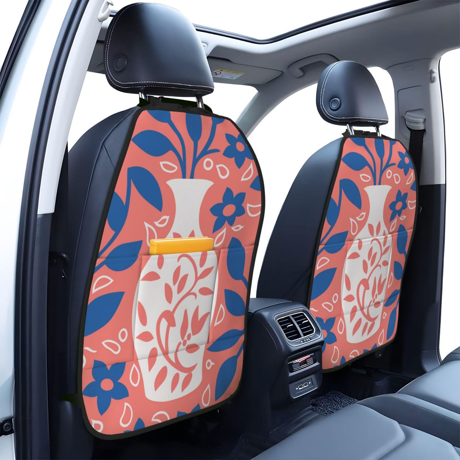 Whimsical Flowers in Vase Boho Car Seat Back Kick Protectors,2 Pack Kick Mats with Storage Pockets for Vehicles to Protect from Dirt Mud Scratches