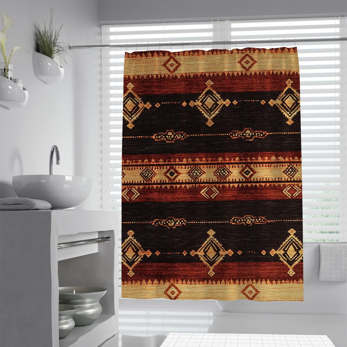 UERWOWELL Southwestern Geometric Shower Curtain Dark Red Black Tribal Diamond Pattern Fabric Bath Curtain Vintage Rustic Bathroom Waterproof Decor W100xL180 cm