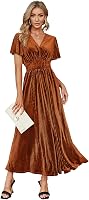 Simplee Women's V-Neck Velvet Maxi Dress Short Sleeve Empire Waist Long Formal Dress Wedding Guest Bridesmaid