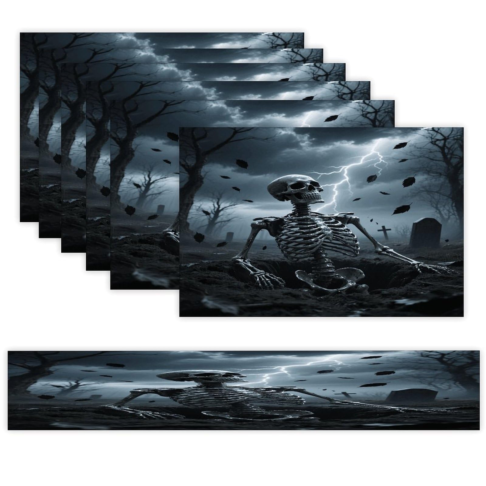 Skull Table Runner and Placemats Set of 7 Linen Table Mat Non-Slip Place Mats Washable Placemat Heat Resistant Place Mat with Table Runner for Party Dining Decor