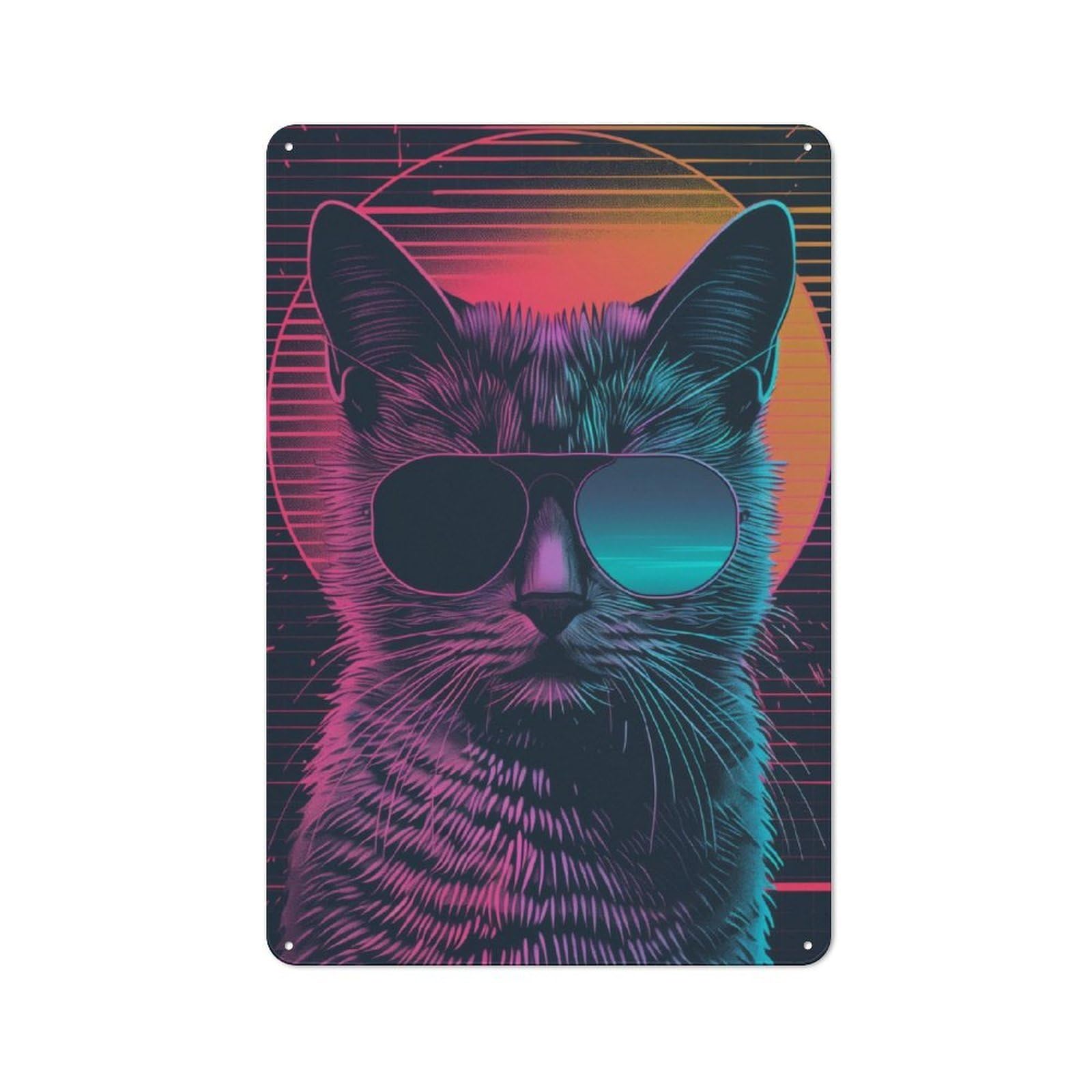 Junmoney The Retrowave Cat Tin Wall Plaque 30X20cm With For Café Or Home Bar, For Themed Room Decoration, For Living Room And Hallway Decor