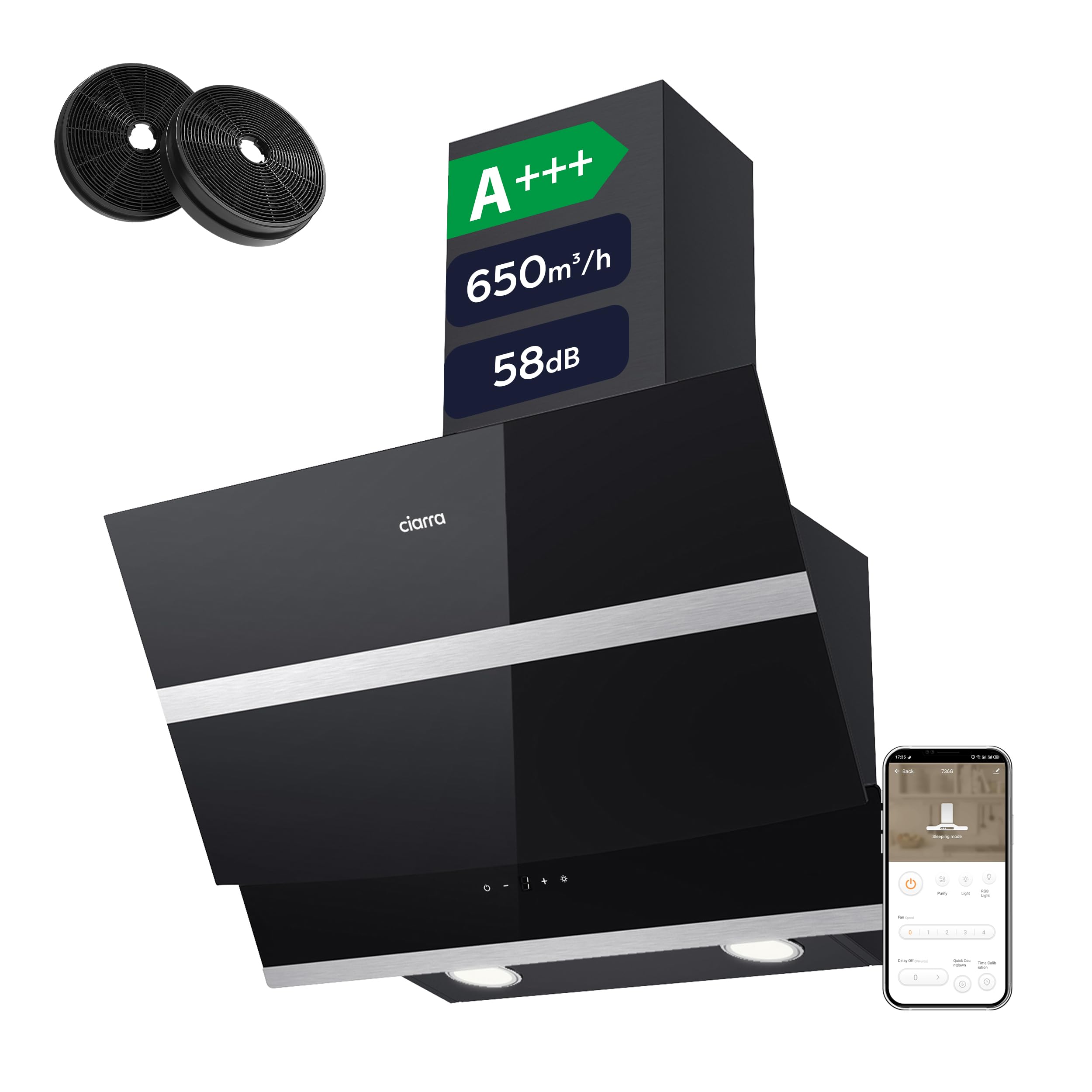 CIARRA A+++ okap kuchenny 60 cm obieg ASB6736N bezgłowicowy, skośny okap 650 m³/h, obsługa za pomocą aplikacji dotykowej, możliwość ściemniania, oświetlenie LED, powietrze wylotowe z filtrem węglowym