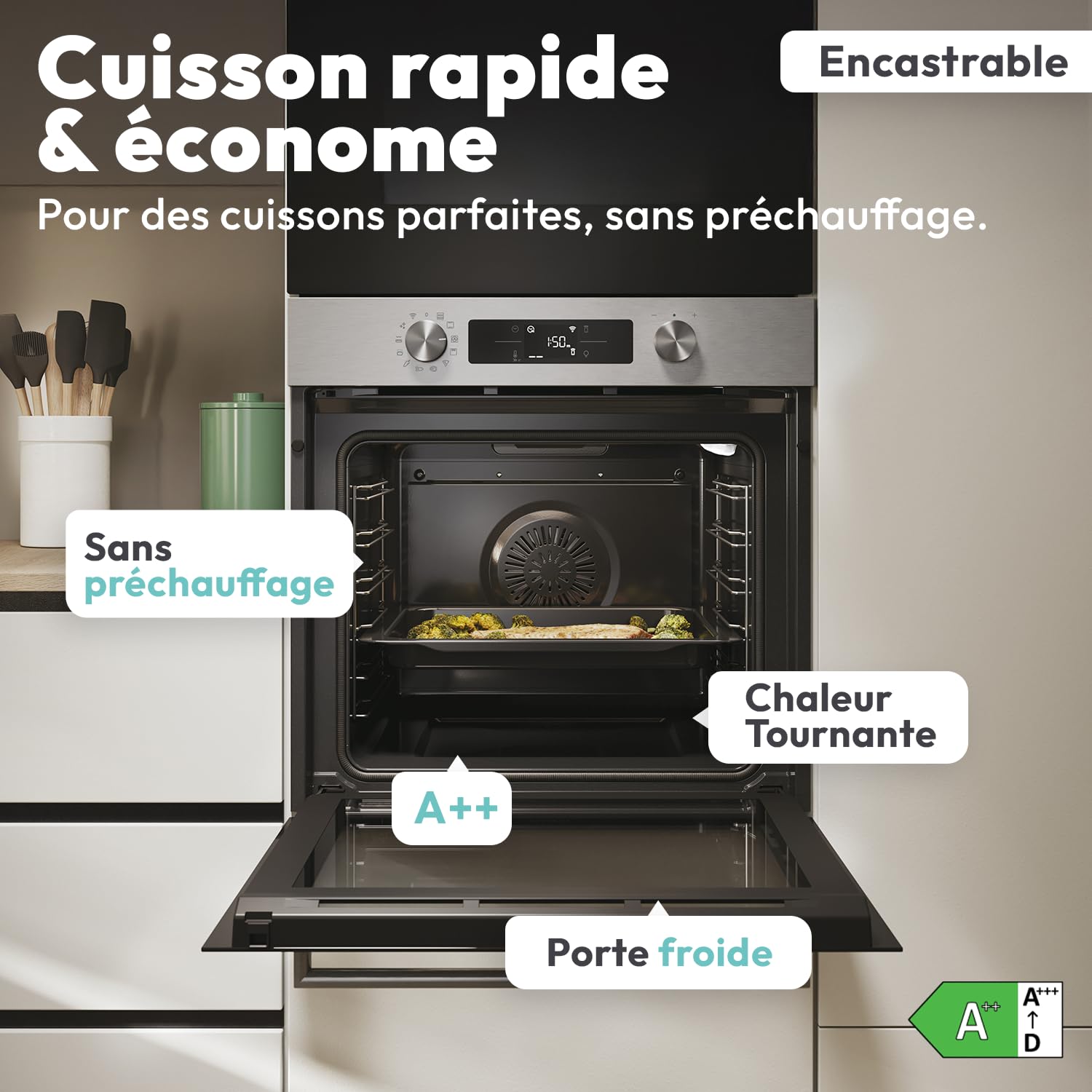 CANDY - Four Encastrable à Chaleur Tournante - Pyrolyse/Hydrolyse - 6 Niveaux de Cuisson - Classe Énergétique A++ - Cavité XXL (78L), Porte Froide, Pyrolyse, WiFi - Noir - 59,5 x 59,5 x 56,8 cm