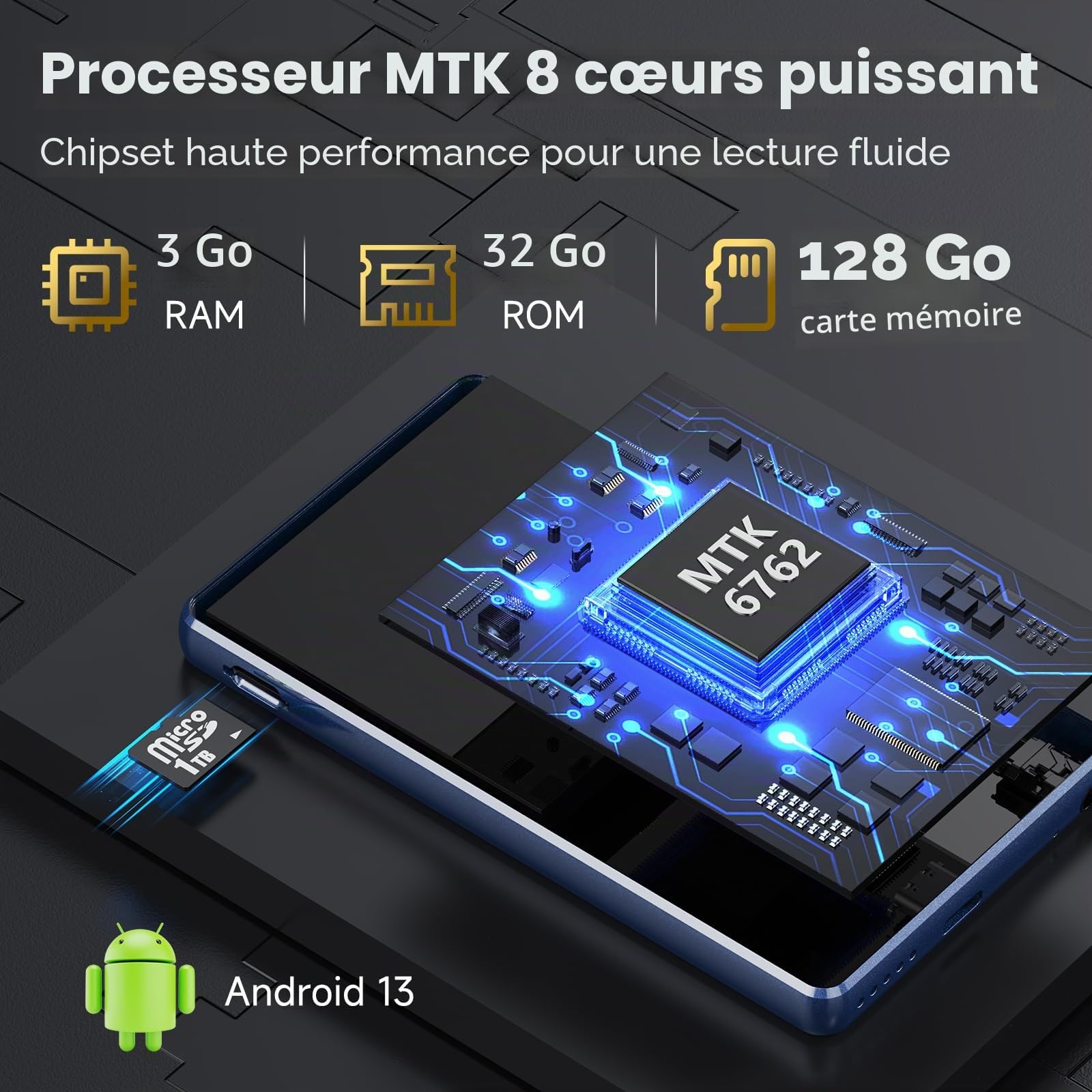 Lecteur MP3 Spotify 163 Go avec WiFi Bluetooth, écran tactile 4,5 pouces, lecteur MP4 Android 13, compatible audible, radio FM, Amazon Music, Deezer, Pandora, Play Store