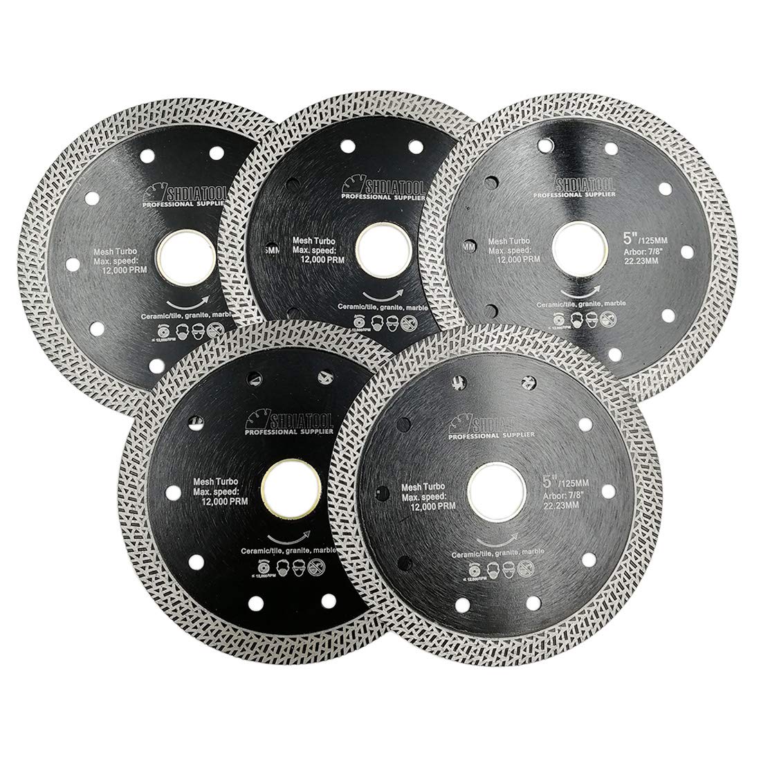 SHDIATOOL Tarcza do cięcia diamentowego 5 szt. 5 cali / 125 mm brzeszczot piły z siatką Turbo do płytek porcelanowych ceramicznych granitowych marmurów