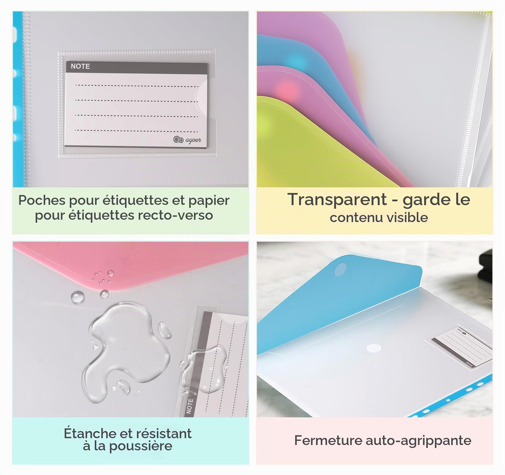 Agoer Lot de 16 pochettes perforées en plastique A4 + avec pochettes perforées, 8 pochettes assorties pour documents, dossiers à 11 trous avec fermeture Velcro pour la maison, le bureau et l'école